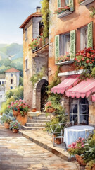 Fototapeta na wymiar Charming European Street Scene with Colorful Buildings and Flowers