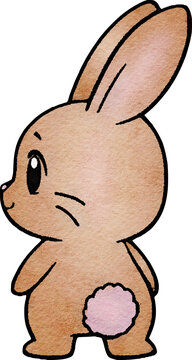 cute cartoon rabbit from the back looking to the right in watercolor transparent background brown