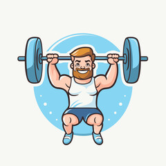 Fitness man lifting barbell cartoon vector illustration. Bodybuilding sport character.