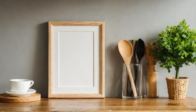 mockup poster frame on kitchen shelf 3d render