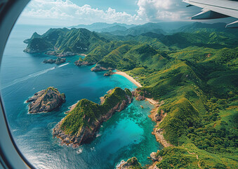 Beautiful island with blue ocean through plane window on sunny sumer day.Macro.AI Generative.