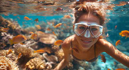 Young woman underwater wearing mask during snorkeling swimming on summer tropical vacation with colorful fishes.Macro.AI Generative.