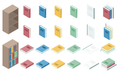 アイソメトリックイラスト:本とノートと本棚 © stomy