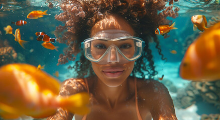 Young beautiful woman underwater with reef fishes during snorkeling swimming on summer tropical vacation.Macro.AI Generative.