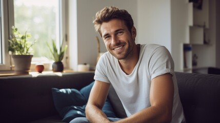 A young smiling athletic man is sitting on the couch at home and looking at the camera. Weekends, Healthy lifestyle concepts. - obrazy, fototapety, plakaty
