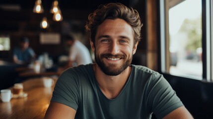 Close-up of a happy smiling athletic man with blue eyes looking at the camera in a cafe, restaurant. Weekends, Healthy Lifestyle, Selfie concepts.