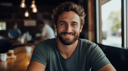 Gardinen Close-up of a happy smiling athletic man with blue eyes looking at the camera in a cafe, restaurant. Weekends, Healthy Lifestyle, Selfie concepts. © liliyabatyrova