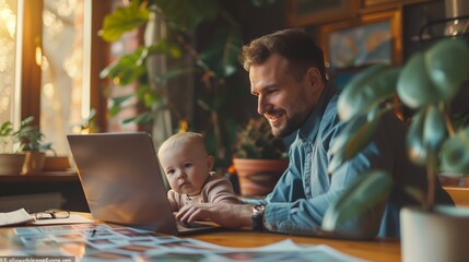 A smiling father multitasks work on a laptop with caring for his baby in a home environment.