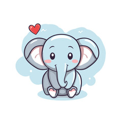Cute cartoon elephant sitting on a cloud with heart. Vector illustration.