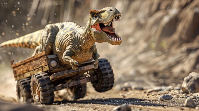 Toy T-Rex Roaring as it Drives a Miniature Truck on Dusty Terrain