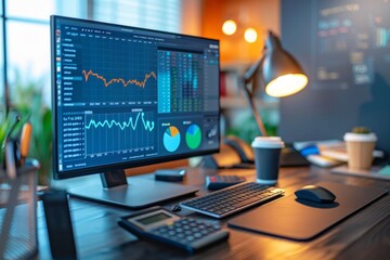 Office desk with computer displaying graphs and analytics