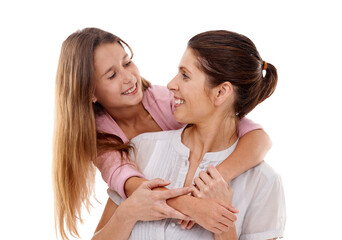 Mother, child and hug in studio with smile for love, security and comfort, bonding and trust on white background. Nurture, safety and support with happy woman and young girl for family time together