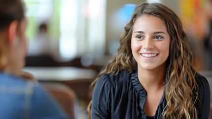 Smiling young woman engaging in a pleasant conversation during a human resources interview. - obrazy, fototapety, plakaty