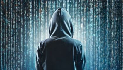 Computer hacker in hoodie, abstract binary background. Dark net. Back view. Data thief.