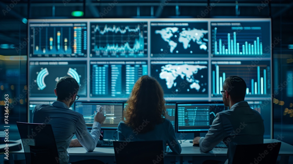 Poster team of professionals analyzing business metrics on multiple computer screens in a dark control room