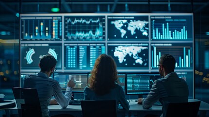 Team of professionals analyzing business metrics on multiple computer screens in a dark control room.