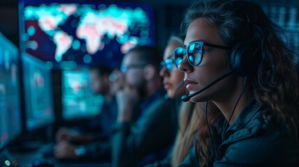 A focused cybersecurity team monitors global threats in a state-of-the-art secure operations center.