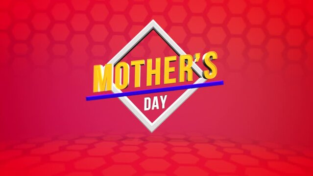 A vibrant logo for Mothers Day featuring red and blue text with a white outline, set against a hexagonal red patterned background