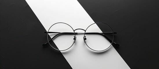 A pair of glasses sits on top of a table, contrasting against the black and white background.