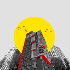 Monochrome cityscape with central building highlighted with red lines with yellow design elements...