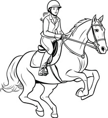 Illustration of a jockey riding a horse on white background.