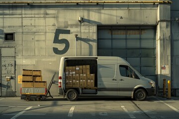 Delivery van parked at a loading dock with packages ready for transport.