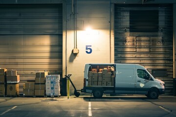 Delivery van parked at a loading dock with packages ready for transport.