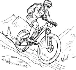 Mountain biker on the bike. Hand drawn vector illustration.