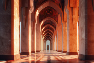 Fototapeta premium interior of a beautiful islamic mosque with ornate archway and natural light. ramadan kareem banner background. ramadan kareem holiday celebration concept