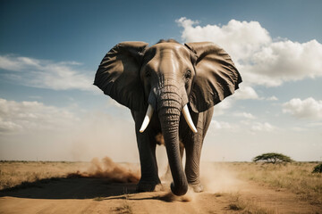african elephant is walking on desert after rain front view, 3d illustration
