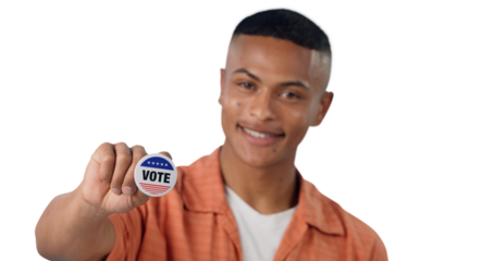 Man, vote sticker and smile for election, positive and politics for America, government on a isolated, png transparent background. Voter choice, badge and support for registration for voting party