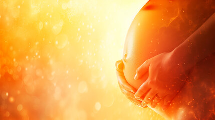 Pregnant woman cradling belly in golden light, bokeh effect and copy space.
 - obrazy, fototapety, plakaty
