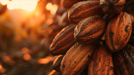 Cocoa pods in warm sunset light, shallow depth of field.