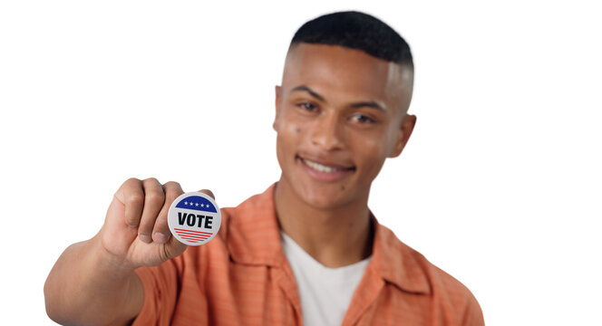 Man, vote sticker and smile for election, positive and politics for America, government on a isolated, png transparent background. Voter choice, badge and support for registration for voting party