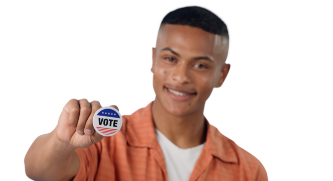 Man, vote sticker and smile for election, positive and politics for America, government on a isolated, png transparent background. Voter choice, badge and support for registration for voting party