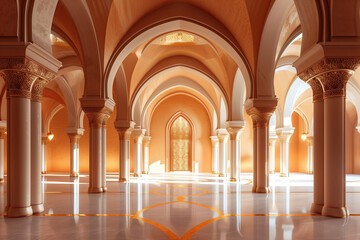 Fototapeta premium interior of a beautiful islamic mosque with ornate archway and natural light. ramadan kareem banner background. ramadan kareem holiday celebration concept