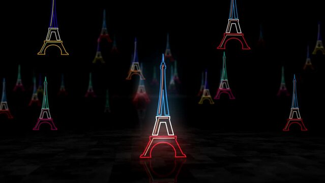 Eiffel tower neon glowing symbol. Light color bulbs. Paris France icon abstract concept 3d animation.