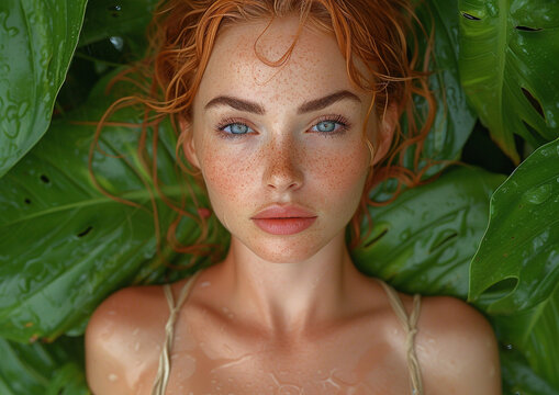 Portrait of beautiful young woman with ginger hair and freckles between tropical leaves on  rainy day.Macro.AI Generative.