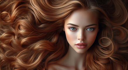Naklejka premium Beauty portrait of young beautiful woman and silky curly hair and make up as banner for hair treatment advertiding.Space for text.AI Generative.