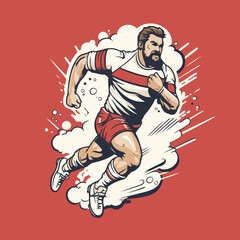 Soccer player with a beard and mustache running. Vector illustration.