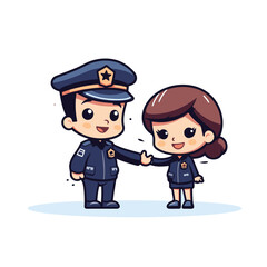 Cute boy and girl police officer greeting each other. Vector illustration.