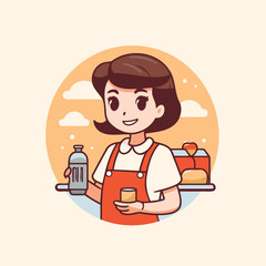 Coffee shop. Cute cartoon girl character in apron. Vector illustration