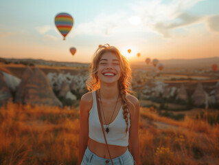 Happy young woman in Cappadocia at sunset with air baloons in the background during summer
