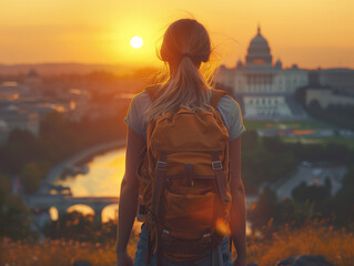 Travelling woman in Washington, USA at sunset during summer