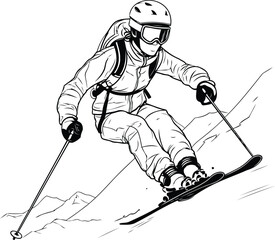 Skiing. Black and white vector illustration of skier.