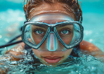 Beautiful young woman wearing scuba mask and ready for diving on tropical holiday vacation.Macro.AI Generative.