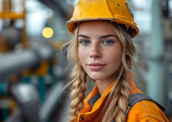 Portrait of beautiful woman wearing helmet and coverall as oil and gas industry worker.Macro.AI Generative.