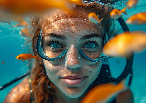 Beautiful young woman in scuba diving mask enjoying snorkeling under water.Macro.AI Generative.