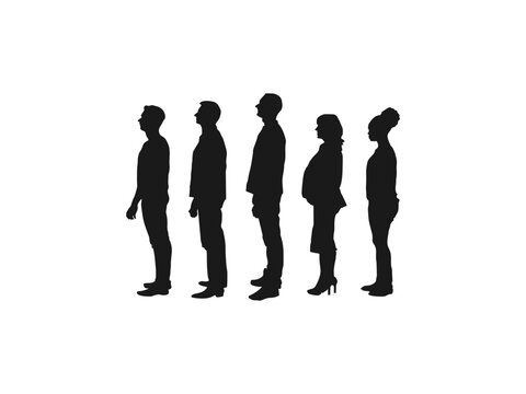 people standing silhouettes set. Vector silhouettes of men and a women, a group of standing and walking business people. Collection of Standing Business People Vector in line against white background.
