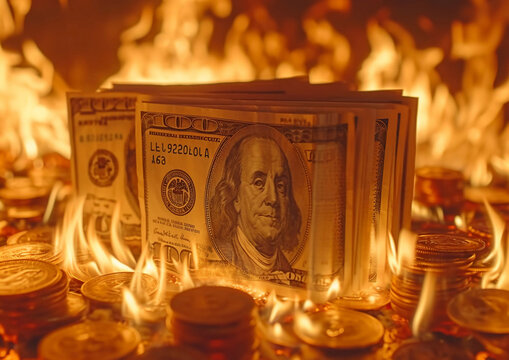 Dollar currency bancnote on fire as economic crisis concept.Macro.AI Generative.